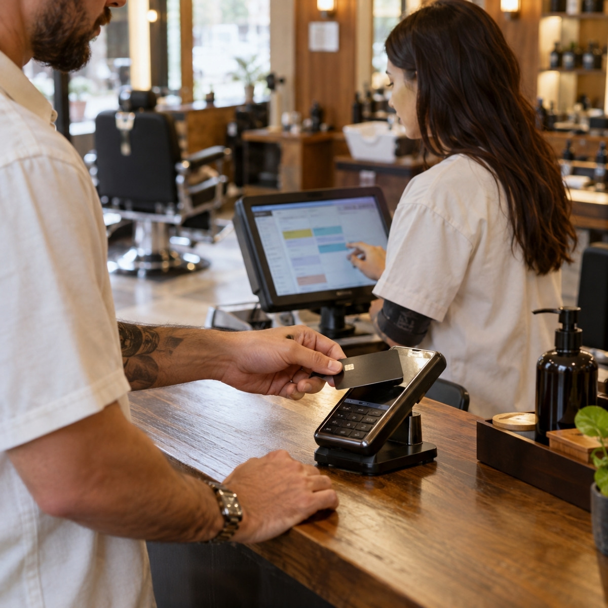 Customer holds a payment card near a terminal while a receptionist checks an appointment calendar behind the barbershop counter.